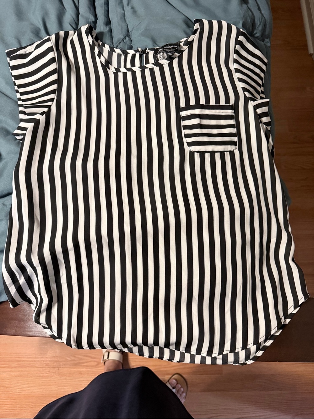 Striped Cap-Sleeve Blouse with Chest Pocket - Black/White